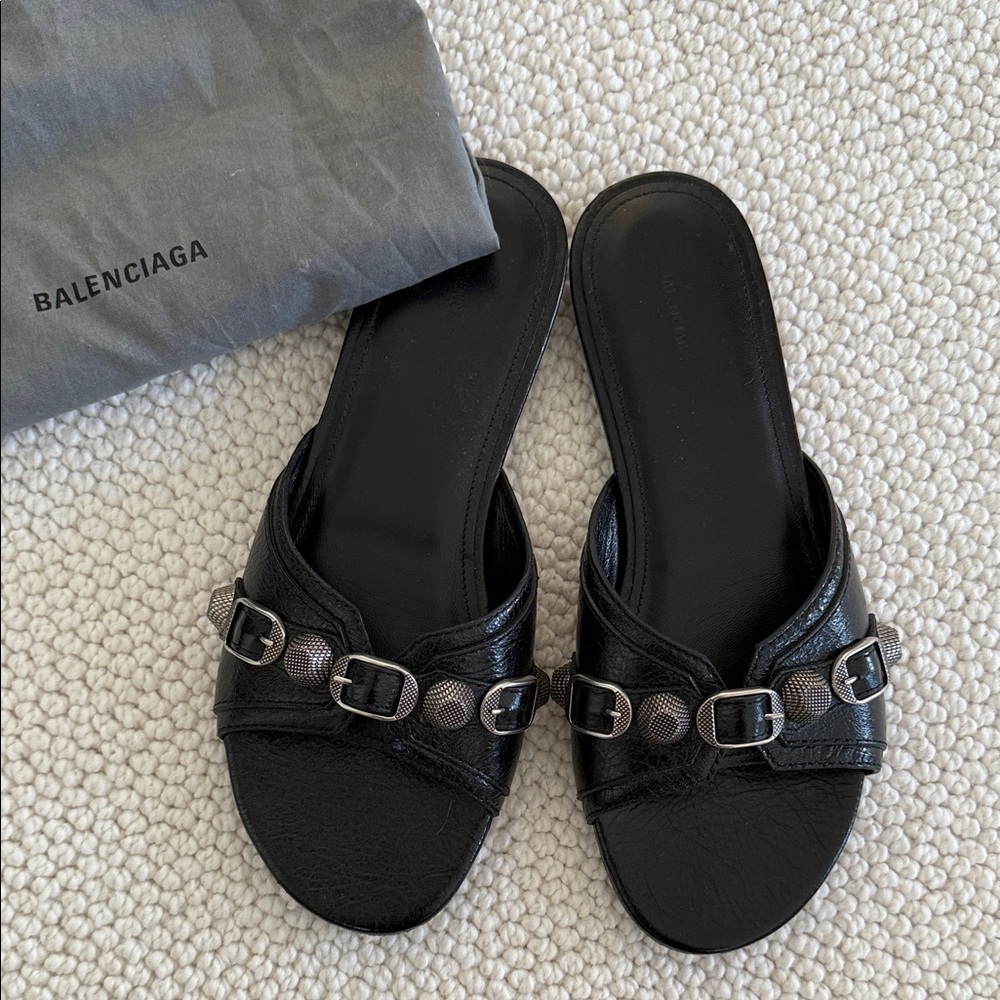 Balenciaga Black Leather Slide Sandals with Silver Buckle Detail
